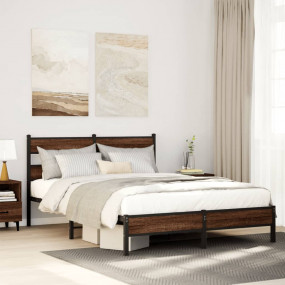 Bed Frame Brown Oak Steel, Engineered Wood Full Rectang...