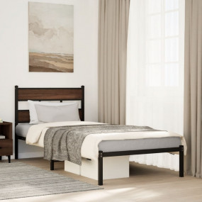 Bed Frame Brown Oak Steel, Engineered Wood Twin Bed Fra...