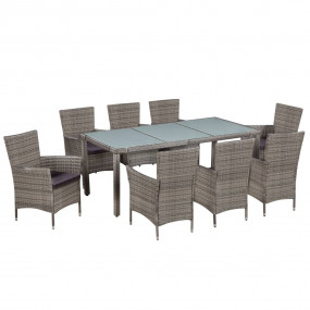 Dining Set Gray and dark gray PE rattan, glass, powder-...