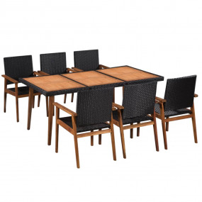 Dining Set Black and Brown PE Rattan and Solid Acacia w...