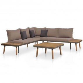 Sofa Set Brown and Grey Solid Acacia Wood, Steel, Polye...
