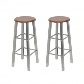 Bar Stool Set of 2 Brown and Silver Steel Frame with MD...