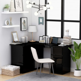Corner Desk High Gloss Black Engineered Wood Medium Cor...