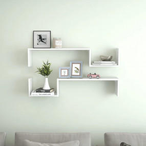 Wall Shelf Set of 2 High Gloss White Engineered Wood Me...