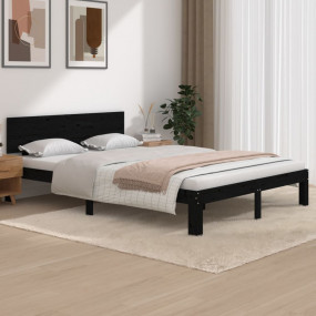 Bed Frame Black Solid Pine Wood, Plywood Double Modern