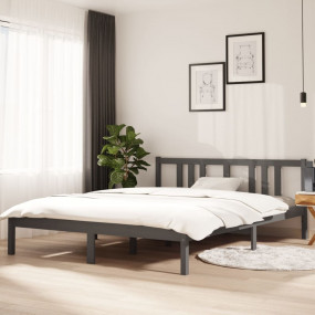 Bed Frame Grey Solid Pine Wood King Size Bed Frame Rect...