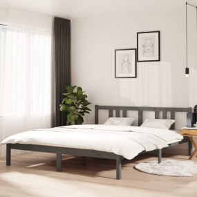 Bed Frame Grey Solid Pinewood Double Bed Bed Frame Rect...