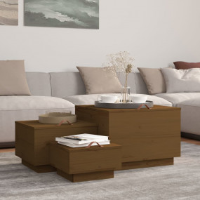 Storage Box Set of 3 Honey Brown Solid Pine Wood