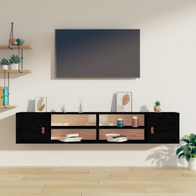 Wall Cabinet Set of 2 Black Solid Pine Wood, Faux Leath...