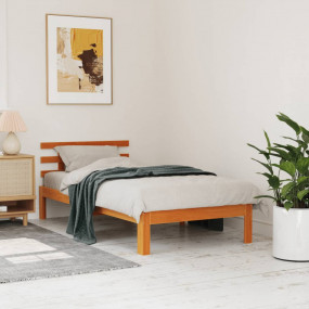 Bed Frame Wax Brown Solid Pine Wood, Plywood 39.4 x 78....