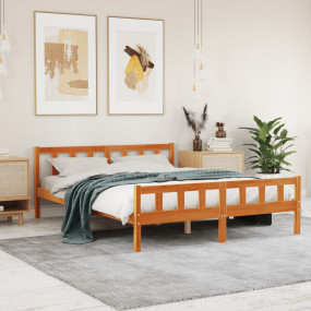 Bed Frame Wax brown Solid pine wood, Plywood 59 x 79 in...