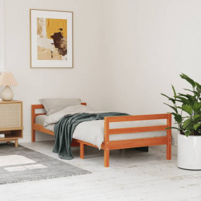 Bed Frame Wax Brown Solid Pine Wood, Plywood Small Sing...