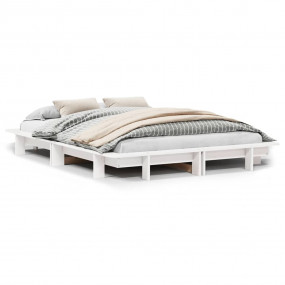 Bed Frame White Solid Pinewood Double Bed Durable Bed F...