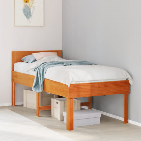 Bed Frame Wax Brown Solid Pine wood 35.4x78.7 in Bed Fr...