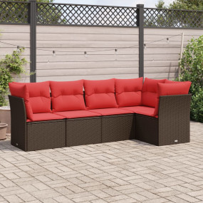 5 Piece Patio Sofa Set with Cushions Brown Poly Rattan