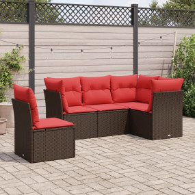 5 Piece Patio Sofa Set with Cushions Brown Poly Rattan