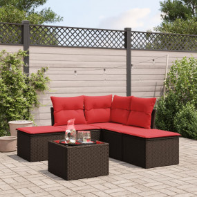 6 Piece Patio Sofa Set with Cushions Brown Poly Rattan