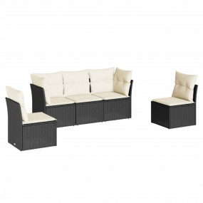 5 Piece Patio Sofa Set with Cushions Black Poly Rattan