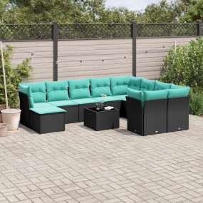 11 Piece Patio Sofa Set with Cushions Black Poly Rattan