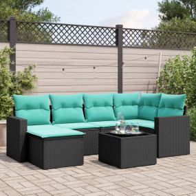 7 Piece Patio Sofa Set with Cushions Black Poly Rattan