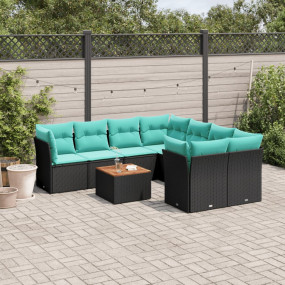 9 Piece Patio Sofa Set with Cushions Black Poly Rattan