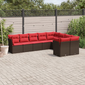 9 Piece Patio Sofa Set with Cushions Brown Poly Rattan