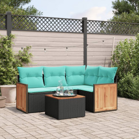 5 Piece Patio Sofa Set with Cushions Black Poly Rattan