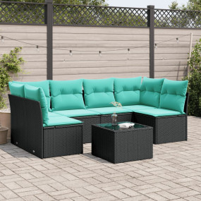 7 Piece Patio Sofa Set with Cushions Black Poly Rattan