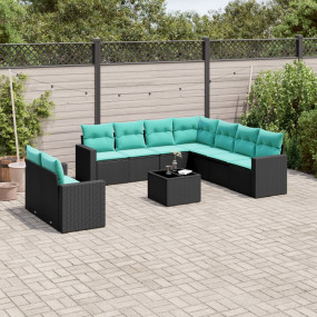 10 Piece Patio Sofa Set with Cushions Black Poly Rattan