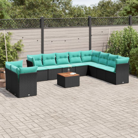 11 Piece Patio Sofa Set with Cushions Black Poly Rattan