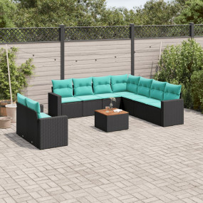 10 Piece Patio Sofa Set with Cushions Black Poly Rattan