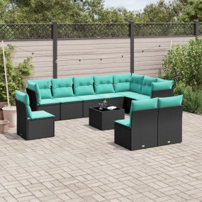 11 Piece Patio Sofa Set with Cushions Black Poly Rattan