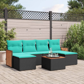 7 Piece Patio Sofa Set with Cushions Black Poly Rattan