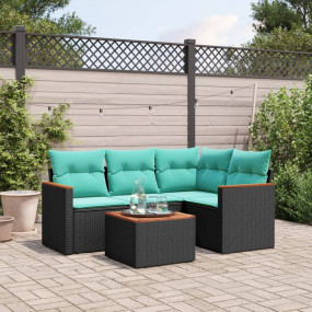 5 Piece Patio Sofa Set with Cushions Black Poly Rattan