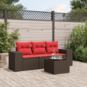 4 Piece Patio Sofa Set with Cushions Brown Poly Rattan