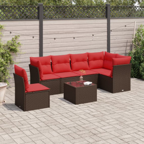 7 Piece Patio Sofa Set with Cushions Brown Poly Rattan