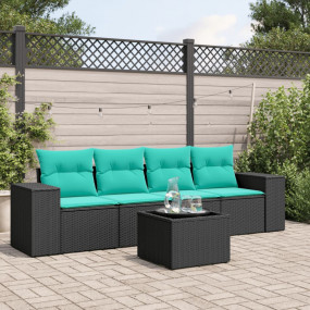 5 Piece Patio Sofa Set with Cushions Black Poly Rattan