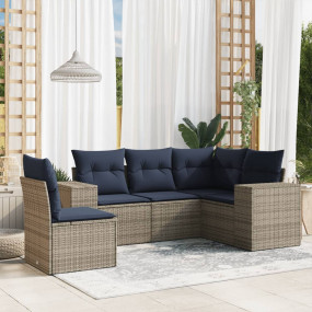 5 Piece Patio Sofa Set with Cushions Gray Poly Rattan