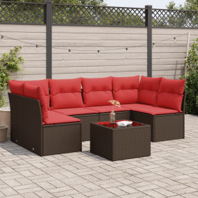 7 Piece Patio Sofa Set with Cushions Brown Poly Rattan