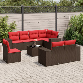 9 Piece Patio Sofa Set with Cushions Brown Poly Rattan