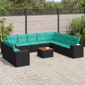11 Piece Patio Sofa Set with Cushions Black Poly Rattan