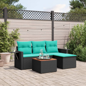 5 Piece Patio Sofa Set with Cushions Black Poly Rattan