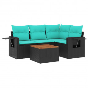 5 Piece Patio Sofa Set with Cushions Black Poly Rattan