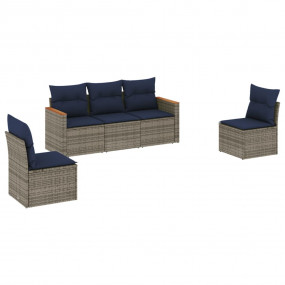 5 Piece Patio Sofa Set with Cushions Gray Poly Rattan