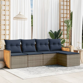 5 Piece Patio Sofa Set with Cushions Gray Poly Rattan