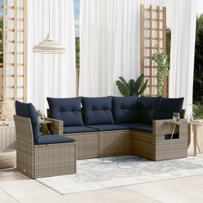 5 Piece Patio Sofa Set with Cushions Gray Poly Rattan