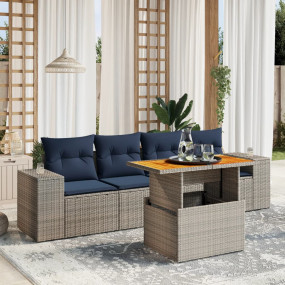 5 Piece Patio Sofa Set with Cushions Gray Poly Rattan