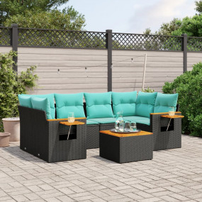 7 Piece Patio Sofa Set with Cushions Black Poly Rattan