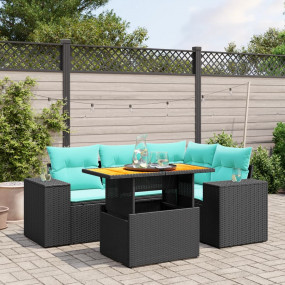 5 Piece Patio Sofa Set with Cushions Black Poly Rattan