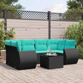 7 Piece Patio Sofa Set with Cushions Black Poly Rattan